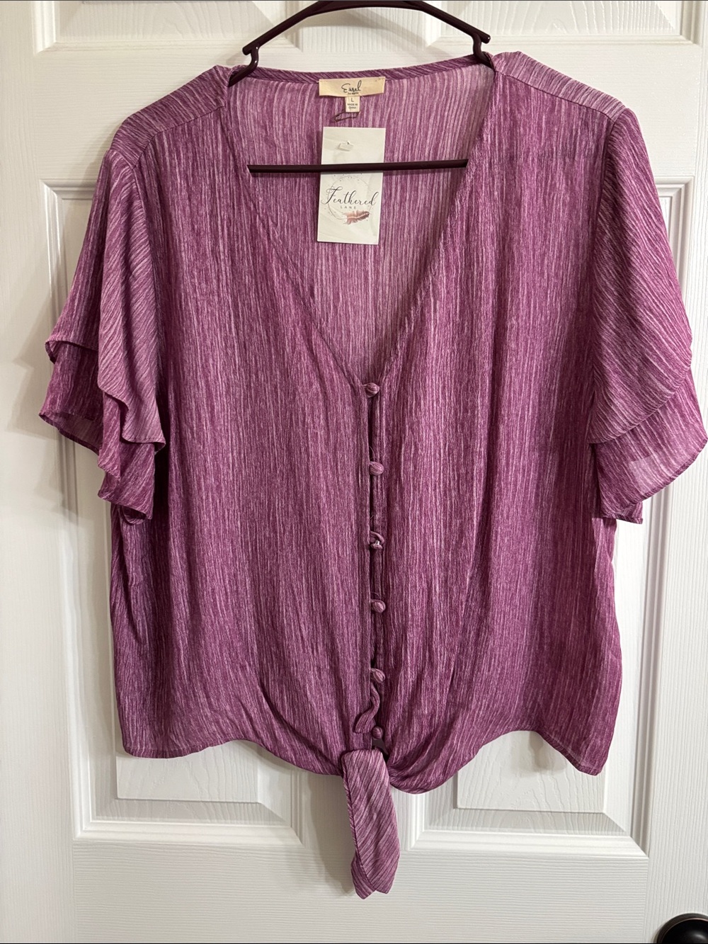 easel Lavender-Purple Button Tie-Front Flutter Sleeve Top